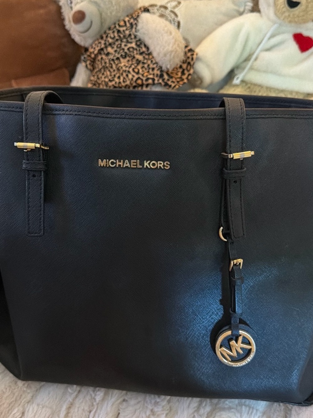 Michael Kors Black Saffiano Tote with Gold Logo Charm
